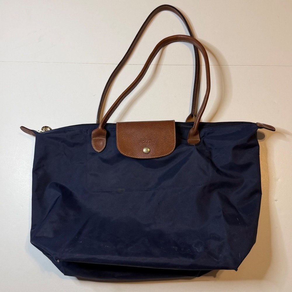 Longchamp Le Pliage Tote Bag Womens Large Navy Nylon Leather Trim